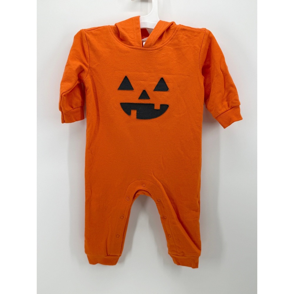 Cat & Jack Baby 6-9M Orange Pumpkin Jack-O-Lantern Hooded Romper Jumpsuit